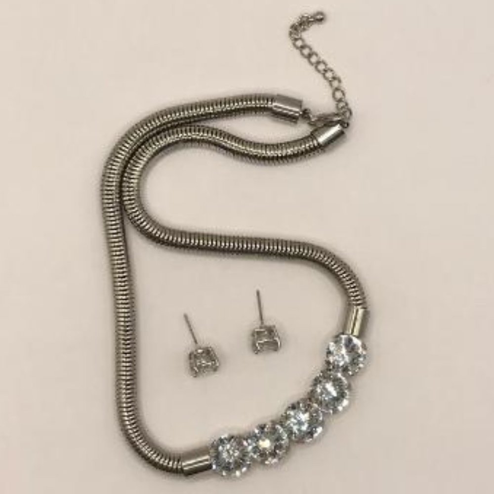 Silver-Tone & 5 Rhinestone Focal Center Necklace & Earrings Set - Picture 3 of 10